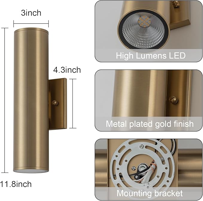 Modern Outdoor Wall Light 11.8" Integrated LED Cylinder Up and Down Outdoor Lights, 2-Light Exterior Lighting Fixtures for House Patio Front Porch Garage