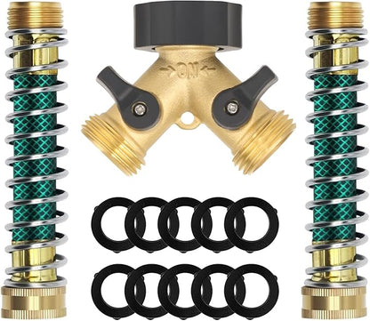 Brass Garden Hose Splitter 2 Way, All Body Metal Heavy Duty Water Splitter Y Way with 2 Hose Protectors Kink Free Hose Extension 10 Rubber Washers