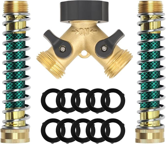 Brass Garden Hose Splitter 2 Way, All Body Metal Heavy Duty Water Splitter Y Way with 2 Hose Protectors Kink Free Hose Extension 10 Rubber Washers