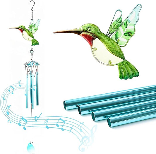 Green Hummingbird Wind Chimes, Wind Chimes for Outdoor, 26" Glass Painted Mobile Romantic Chimes, Patio, Balcony, Garden Decoration, Gifts for Mom & Women