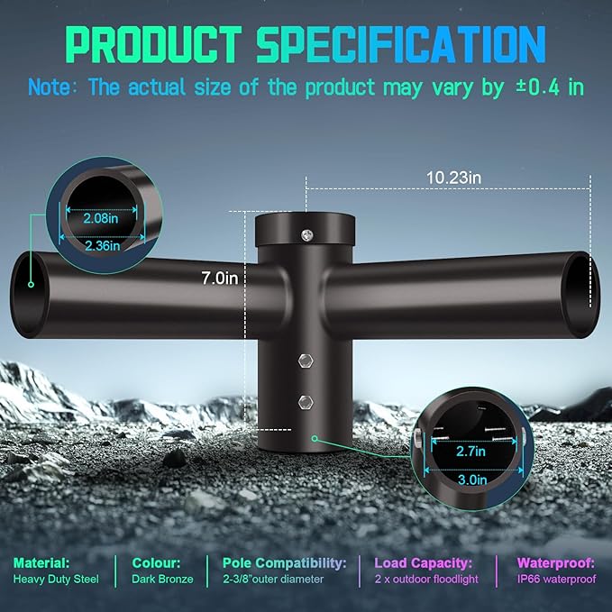 Mounting Bracket Tenon Adapter, Solid Heavy Duty Double Horizontal for Round Pole 2-3/8"0.D. Twin Spoke Extended Bracket Arm for Slip Fitter Parking Lot Light Mount Street Shoebox Lights