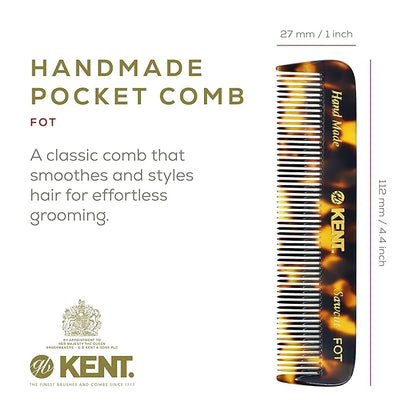 Kent FOT TY Fine Tooth Comb for Men - Handmade Pocket Comb for Travel, Styling, Fine or Thinning Hair, Mustache and Beard Care Handpolished Saw-Cut Made in England