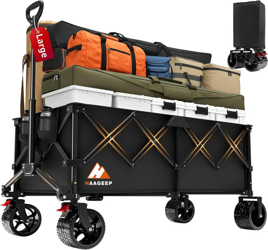 Large Collapsible Wagon Cart with Wheels - Foldable Wagons300L Heavy Duty-550lbs, Beach Wagon with Big Wheels for Sand Folding Utility Wagons Carts for Sports Shopping Camping