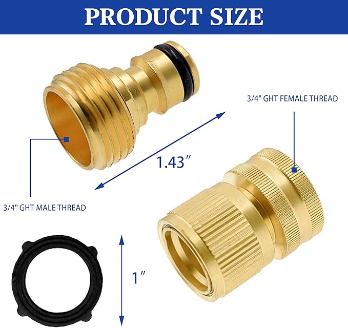 Hourleey Garden Hose Quick Connector, Solid Brass 3/4 Inch GHT Thread Garden Quick Connect Kit, Male and Female No-Leak Water Hose Fittings (8 Set)