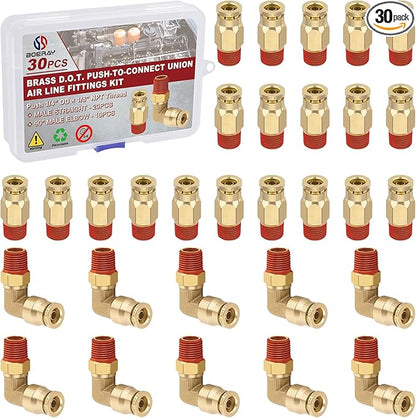 1/4” Quick Push to Connect Fittings Brass Male Straight and Elbow Combination DOT Approved 1/4" Tube OD x 1/8" NPT Thread Air Brake Line Adapter Air Suspension Kit Air Hose Repair Kit 30pcs