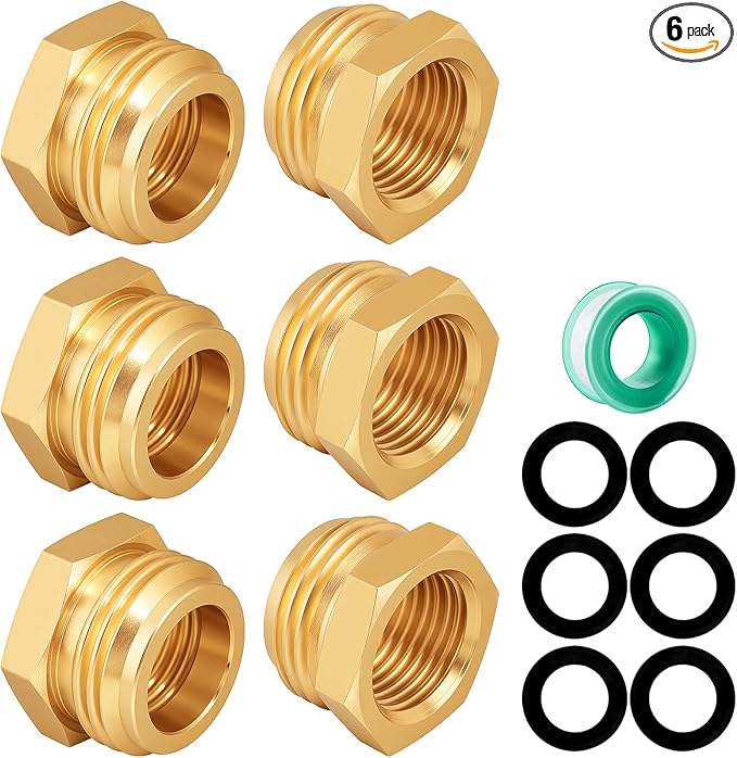 Garden Hose Adapter: Brass 3/4" GHT Male to 1/2" NPT Female Reducer, Leak-Proof Connector (3/4" GHT Male to 1/2" NPT Female, 6-Pack)
