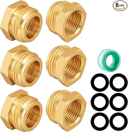 Garden Hose Adapter: Brass 3/4" GHT Male to 1/2" NPT Female Reducer, Leak-Proof Connector (3/4" GHT Male to 1/2" NPT Female, 6-Pack)