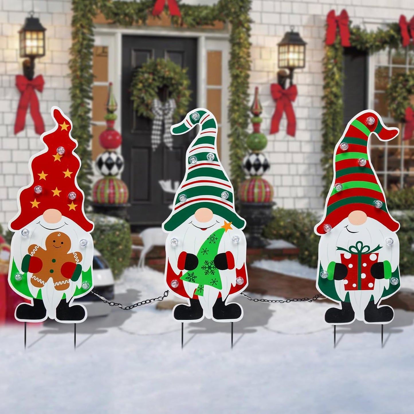 Christmas Yard Stakes Metal Christmas Decorations Outdoor Yard Gnomes Holding Gingerbread Tree Gift Lighted Metal Stakes Outdoor Xmas Stake Lawn Pathway Decoration