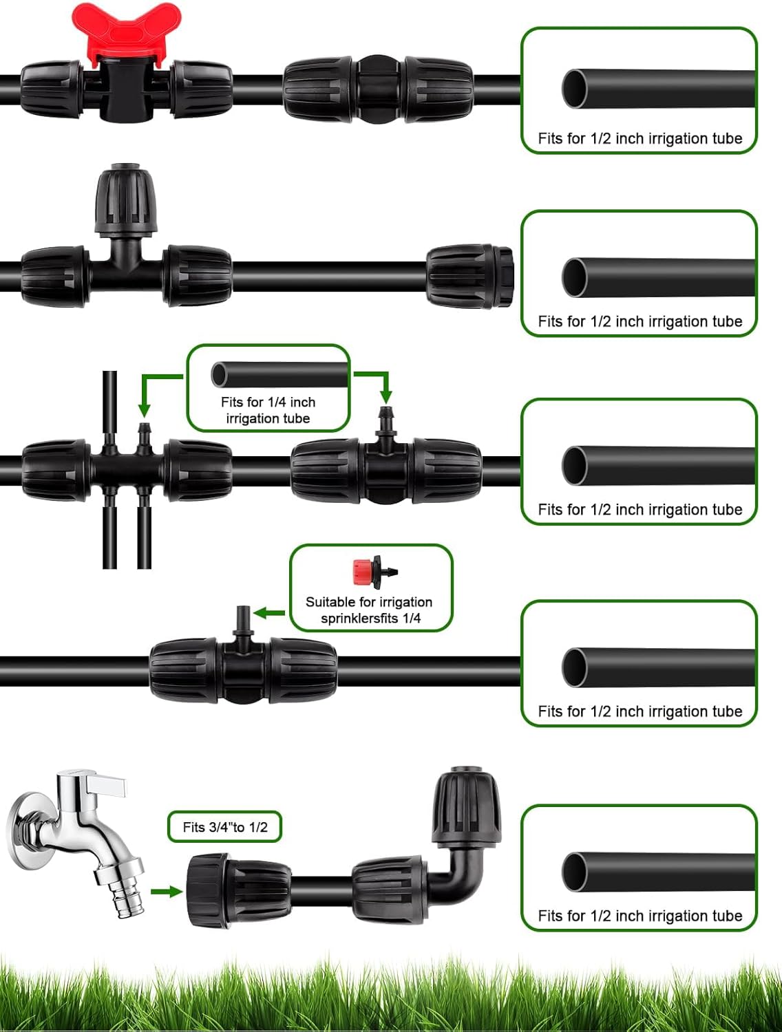 24 Pcs 1/2 inch Tubing Irrigation Fittings Kit, Kalolary Barbed Locked Connectors for Garden Lawn Drip Irrigation System(Switch Valves, T Connectors, Tees, Elbows, Ends, 1/2" to 1/4" tubing Reducers)