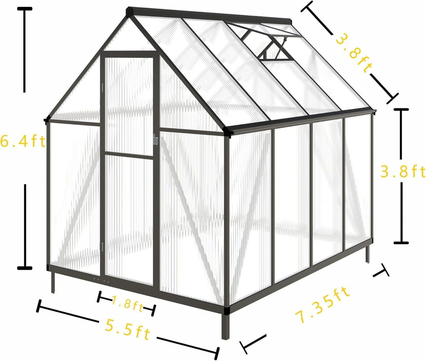 CQZY 6x8 FT Greenhouse for Outdoors, Polycarbonate Greenhouse with Quick Setup Structure and Roof Vent, Aluminum Large Walk-in Green House for Outside Garden Backyard, Dark Gray