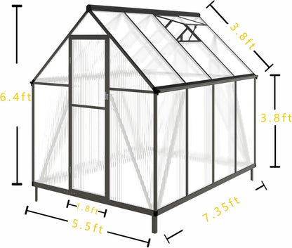 CQZY 6x8 FT Greenhouse for Outdoors, Polycarbonate Greenhouse with Quick Setup Structure and Roof Vent, Aluminum Large Walk-in Green House for Outside Garden Backyard, Dark Gray