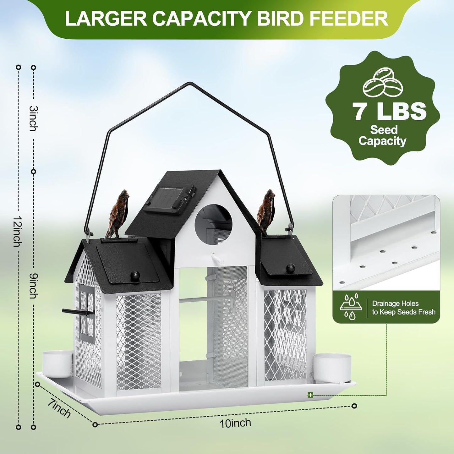 Solar Bird Feeders House for Outdoors Hanging, 7LBS Large Capacity Metal Wild Bird Feeder Squirrel Proof for Outside with Water Cup, Cardinal Birdfeeder Birdhouses Gift for Bird Lovers