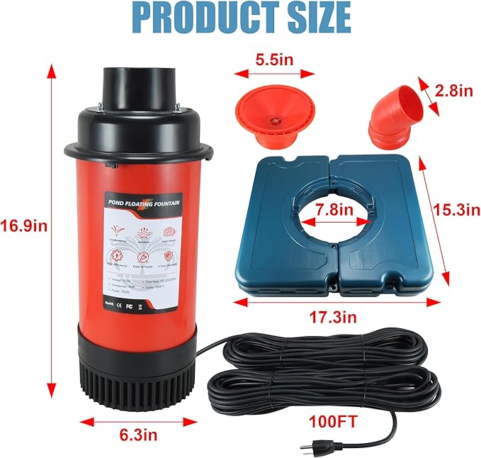 Goldlife Pond Fountain Aerator, F1-4 1HP 750W 110V PowerfuI Floating Pond Fountain Pump With 100 FT Power Cord, Outdoor Pond Aerating Fountains Cascade Pump for Small Large Ponds Lake Pond Jet System