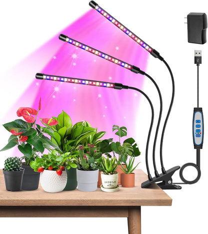 Garpsen Plant Lights, 3 Heads Red Blue Warm White Full Spectrum Grow Lights for Indoor Plants, 60 LEDs Led Grow Light for Seed Starting, with Auto ON/Off 6/12/16H Timer, 5 Dimmable Levels