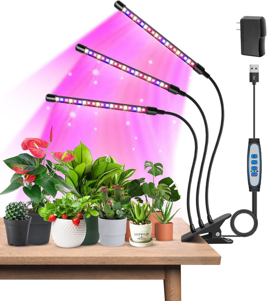 Garpsen Plant Lights, 3 Heads Red Blue Warm White Full Spectrum Grow Lights for Indoor Plants, 60 LEDs Led Grow Light for Seed Starting, with Auto ON/Off 6/12/16H Timer, 5 Dimmable Levels