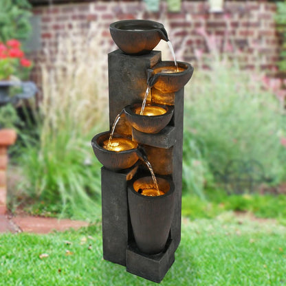 40" Outdoor Water Fountain with LED Lights 5-Tier Polyresin Rock Indoor Modern Floor-Standing Waterfall Fountains for Home Garden, Yard, Patio, Office, Deck Home Art Decor Brown