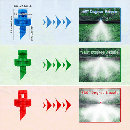 210Pcs Drip Irrigation Emitters 90/180/360 Degree Micro Sprinkler Heads Misting Sprinkler Refraction Automizing Micro Sprayer Irrigation Misting Nozzles for Plants Water Garden Irrigation System