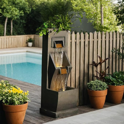 35" H 3-Tier Indoor/Outdoor Modern Water Fountain with LED Lights and Pump, Outdoor Freestanding Cascading Waterfall - Suitable for Garden, Patio, Porch, Yard and Outdoor Decor (Brown)