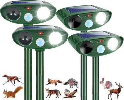 4 Pcs Solar Ultrasonic Animal Repeller Outdoor Cat Repellent Deer Repeller with Strobe Light,Waterproof Animal Deterrent Devices for Rabbit Raccoon Squirrel Dog Coyote Skunk Repellent for Yard Garden