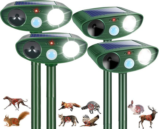 4 Pcs Solar Ultrasonic Animal Repeller Outdoor Cat Repellent Deer Repeller with Strobe Light,Waterproof Animal Deterrent Devices for Rabbit Raccoon Squirrel Dog Coyote Skunk Repellent for Yard Garden