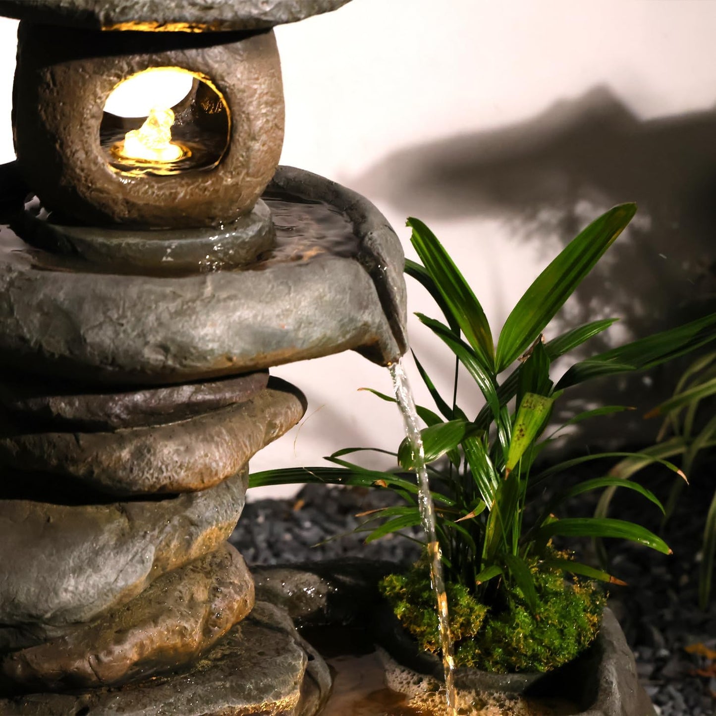 28" H Imitation Rock Pagoda Design Outdoor&Indoor Cascading Water Fountain, Natural Zen Decor Waterfall with LED Lights - Suitable for Garden/Patio/Yard/Deck/Balcony and Home Art Decor （Resin）