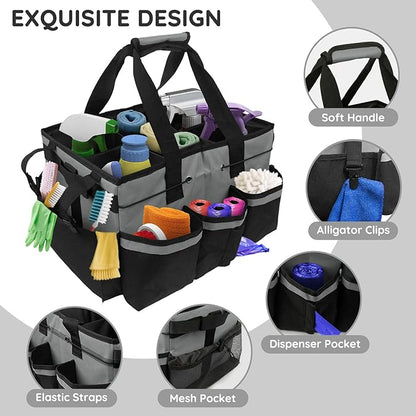 ZKOO Large Cleaning Caddy Bag with Handle, Built-in Sturdy Support Board, Adjustable Shoulder Strap, Multi-compartment Design Cleaning Supply Tote for Cleaners & Housekeepers (Gray)