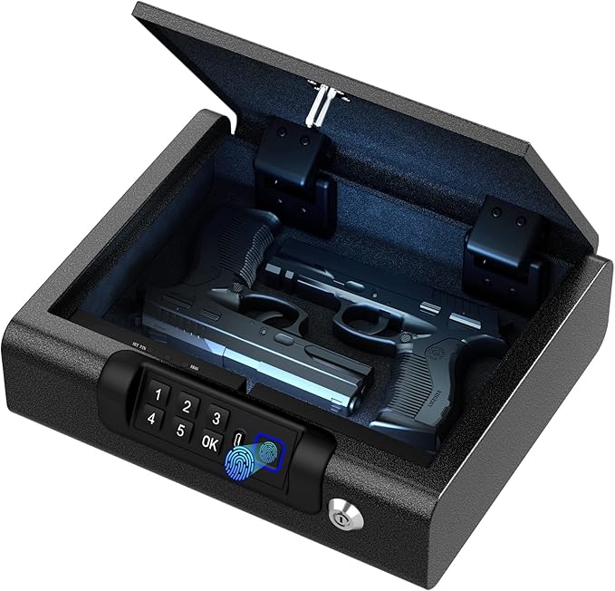 Biometric Gun Safe for Pistols 3-Ways unlock Fingerprint Digital PIN Key Unlock Handgun Safe with Sound, Lock box for Cloakroom living room Bedroom Nightstand and Car BILLCONCH