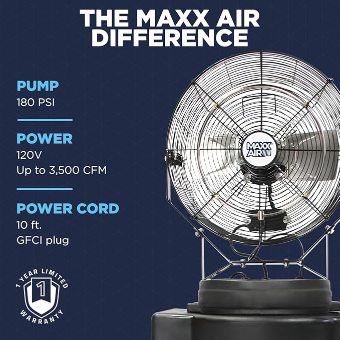 Maxx Air Heavy Duty Industrial 40 Gallon Portable Outdoor Misting Fan - Powerful Misting Outdoor Fan - 180 PSI Swamp Cooler for Cooling Large Areas