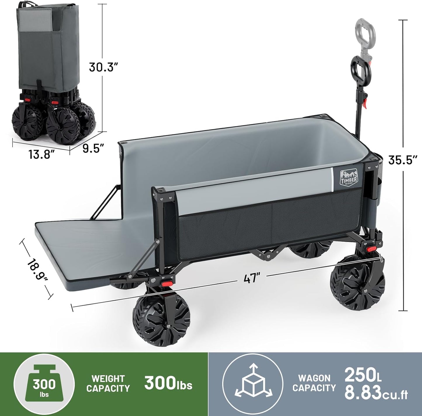 TIMBER RIDGE Beach Wagon with Tailgate, 300lbs Heavy Duty Collapsible Wagon with All-Terrain Big Brakes Wheels, Foldable Utility Cart for Sand Sports Shopping, Gray