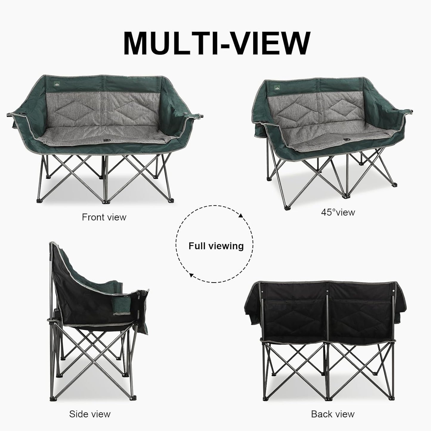 Northroad Folding Loveseat Camping Chair Portable Double Duo Full Padded Garden Chair for 2 Person Sofa w/ 2 Cup Holder,Wine Glass Holder,Mesh Storage,Support 600lbs for Picnic Beach Travel