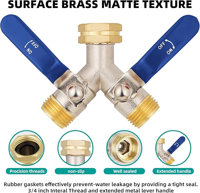 2 Way Hose Splitter, Brass High Flow Garden Hose Splitter Heavy Duty, Hose Connector, Water Spigot Splitter, Full Flow Faucet Splitter with shutoff, 3/4” GHT Inlet