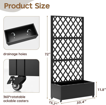 Metal Raised Garden Bed with Trellis & Wheels,72" x 35"x 15.7" Planter Box with Trellis,Privacy Planters for Patio,Garden Bed for Climbing Plants,Suitable for Climbing Plants and Vegetables,Black