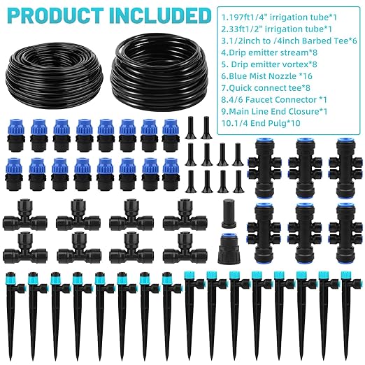 230FT Drip Irrigation System, Quick Connector Automatic Garden Watering System with Adjustable Misting Nozzle Sprinkler, 1/4 inch Blank Distribution Tubing Watering Drip Kit for Greenhouse Patio Lawn
