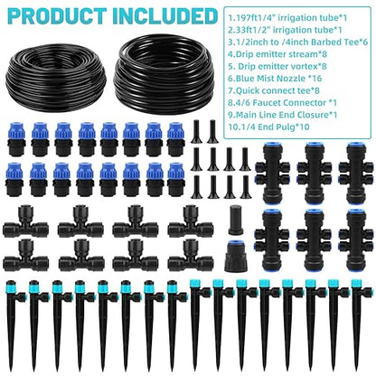 230FT Drip Irrigation System, Quick Connector Automatic Garden Watering System with Adjustable Misting Nozzle Sprinkler, 1/4 inch Blank Distribution Tubing Watering Drip Kit for Greenhouse Patio Lawn