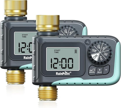 RAINPOINT Sprinkler Timer with Brass Inlet & Outlet, Programmable Hose Timer for Garden Soaker Hose with Rain Delay/Manual Watering System, Digital Drip Irrigation for Yard, Lawn(2PCS)