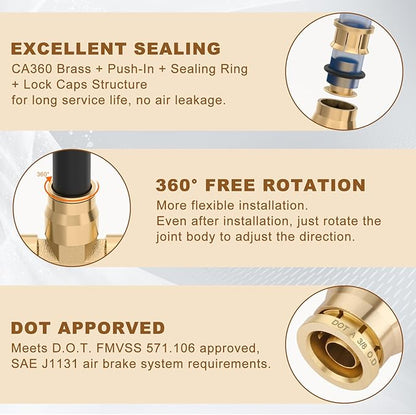 3/8" Quick Push to Connect Fittings Brass Union Tee Shaped Joint DOT Approved 3/8 Inch OD 3 Way Tube Air Line Adapter Air Spring Suspension Kit for Car Truck Trailers and Air Brake System 2pcs