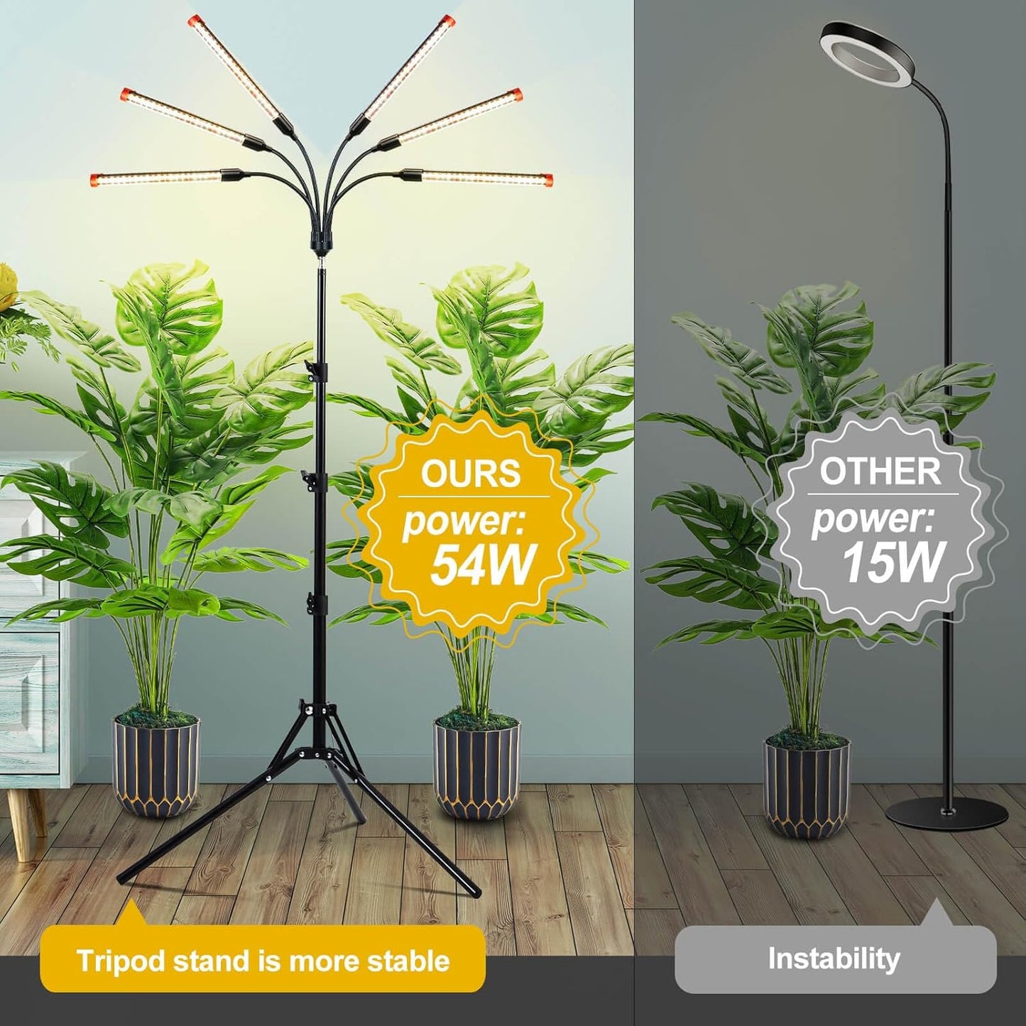 54 Watt Grow Lights for Indoor Plants with Stand, Standing Tall Plant Light with 4,8,12 Hr Timer, Full Spectrum Bonsai Tree Grow Light, 24"-64" Adjustable Tripod Stand Plant Growing Lamps