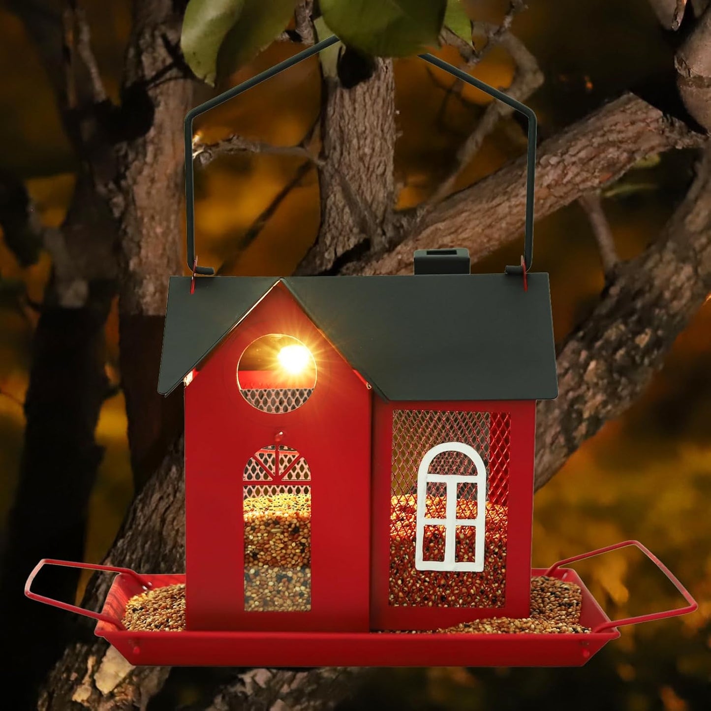 Solar Bird Feeder House for Outdoors – Red Metal Hanging Bird Feeder with Solar Light, Decorative Bird House Feeder for Cardinals, Finches, and Wild Birds, Weatherproof Backyard Garden Decor