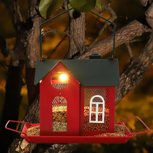 Solar Bird Feeder House for Outdoors – Red Metal Hanging Bird Feeder with Solar Light, Decorative Bird House Feeder for Cardinals, Finches, and Wild Birds, Weatherproof Backyard Garden Decor