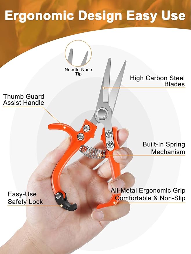 Garden Scissors&Shears Set, Gardening Clippers with Bypass and Needle-Nose Blades for Plants, Floral Scissors for Cutting Flowers Stems, Bonsa, Herbs and Buds, Pruning Snips for Trimming and Shaping