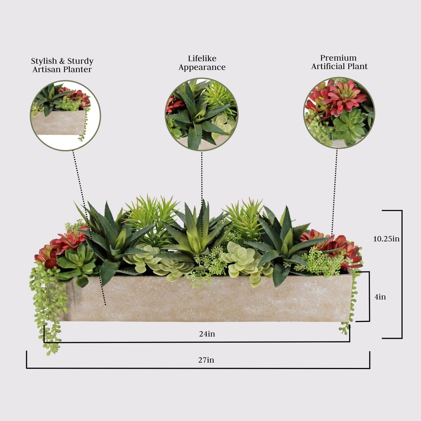 Oblong Faux Succulent Arrangement, 27" Premium Artificial Indoor Plant Enhances Interior Design, Display on Any Surface in Your Home Adding an Inviting Touch of Nature, Natural Planter Pot Included