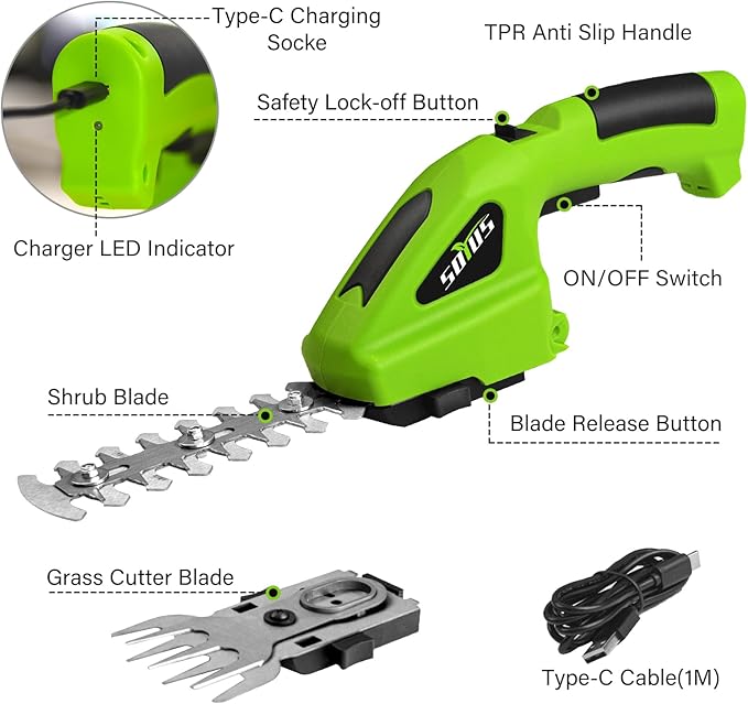 SOYUS Cordless Hedge Trimmer, 2-in-1 Handheld Hedge Trimmer, 7.2V Electric Grass Trimmer with Charger and Battery, Lightweight & Portable Grass Shear for Garden Yard Lawn