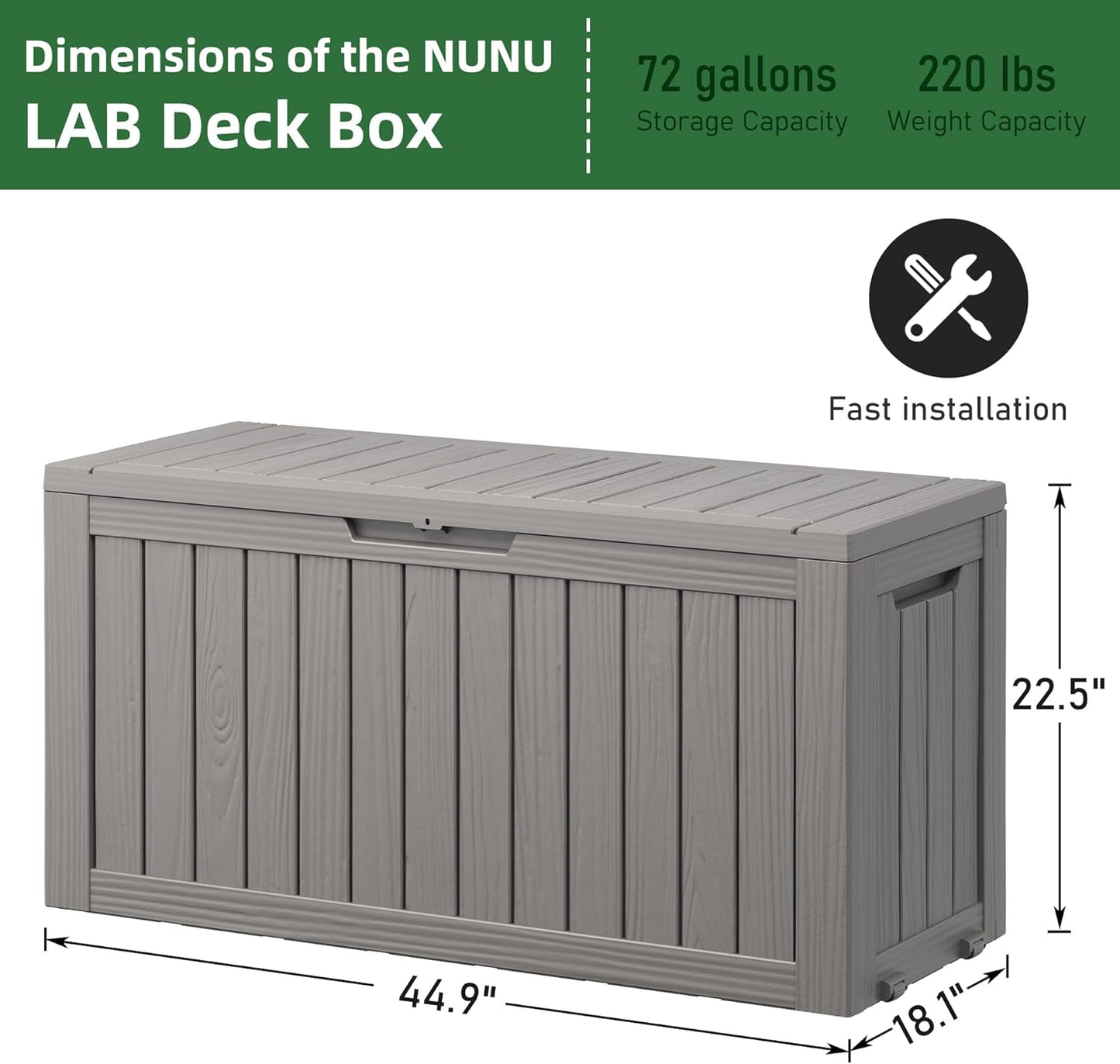 Outdoor Storage Box, Resin Deck Boxes Indoor and outdoor, Waterproof Storage Box Lockable Lid (Grey, 75 Gallon)