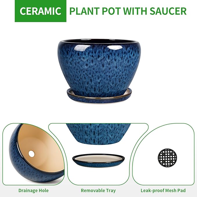 Deep Dream 10 Inch Plant Pot- Ceramic Planter Pot Round Plant Pots for Indoor Plants Outdoor Large Flower Pot with Drainage Holes & Trays, Blue