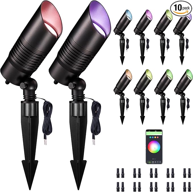 Smart Low Voltage Landscape Lights Multi Color - 12V LED Spotlights Outdoor Waterproof, Hardwired Spot Lights Million-Colored, App Operated Alexa Aluminum Black for Wall Wash Flag 10 Pack