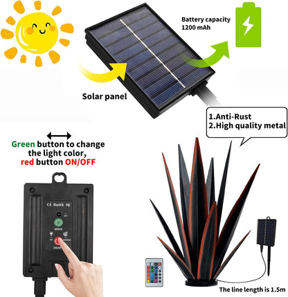 Large Tequila Rustic Sculpture, Rustic Metal Agave Plants for Outdoor Patio Yard, Home Decor Hand Painted Metal Agave Garden Yard Statue, Outdoor Lawn Ornaments (Green - L (W/Solar Light))