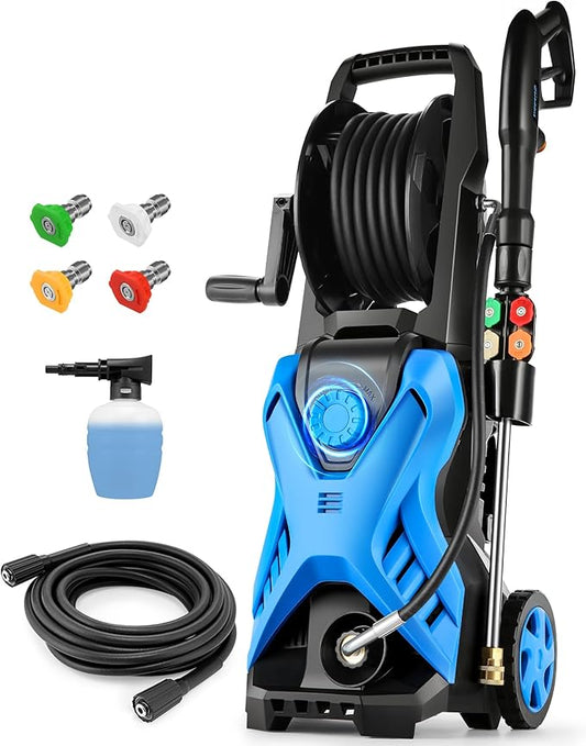 Pressure Washer, 2.8 GPM High Power Washer Adjustable Pressure 2500PSI-5000PSI with 33FT Extension Hose Reel, 4 Nozzles and Soap Bottle for Cars/Fences/Driveways