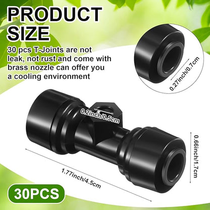30 Pcs 1/4" Drip Irrigation Tee Connectors for Tube Quick Connect Parts Fittings for 1/4 Inch(6.35mm) Irrigation Tubing or Sprinkler(Black,Misting Nozzle)