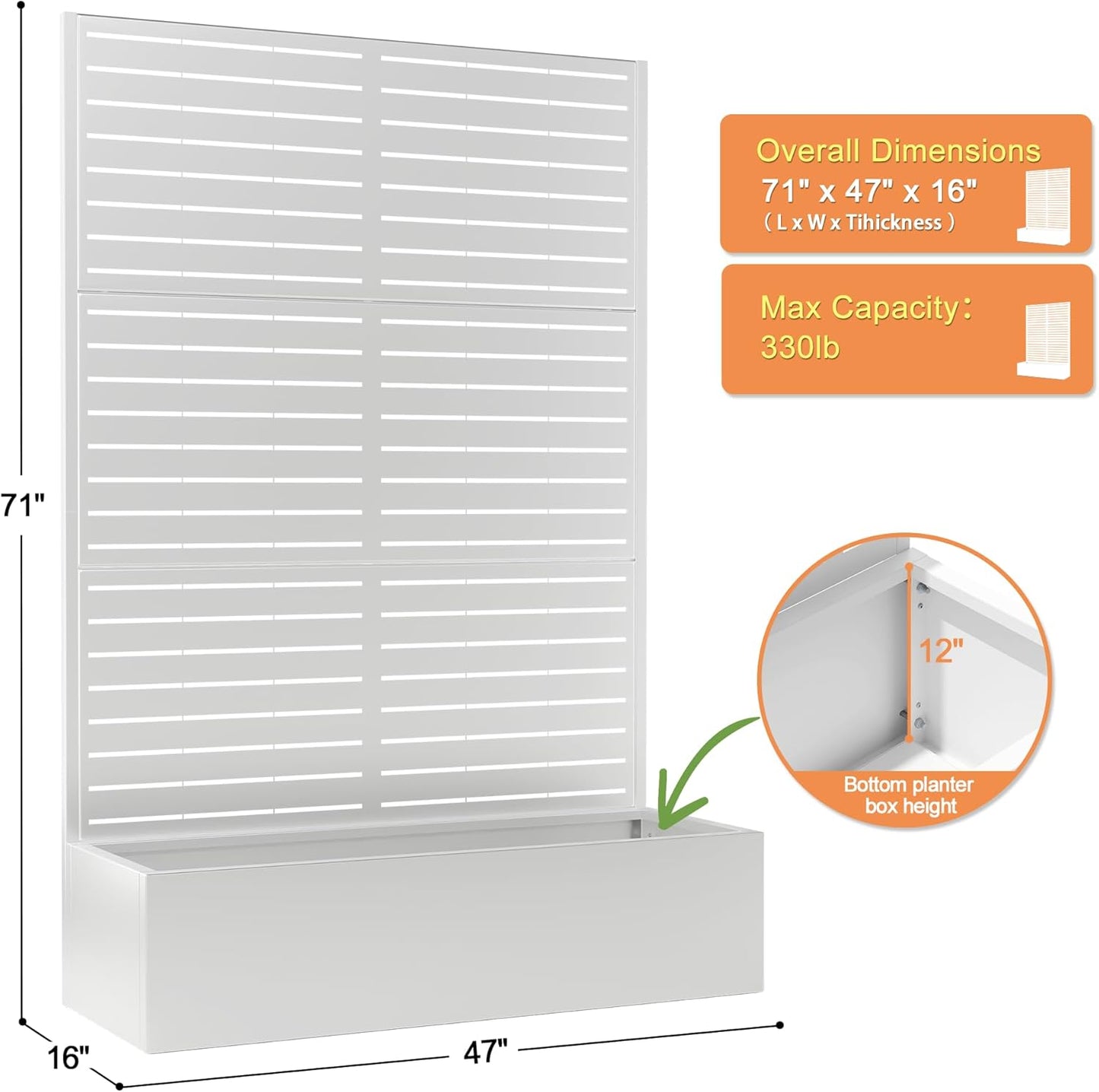 71"x47"x16" Metal Planter Box with Trellis, Raised Garden Bed with Trellis, Trellis with Planter Box & Privacy Screen for Climbing Plants, Vegetable, Vines(White, Louvered)