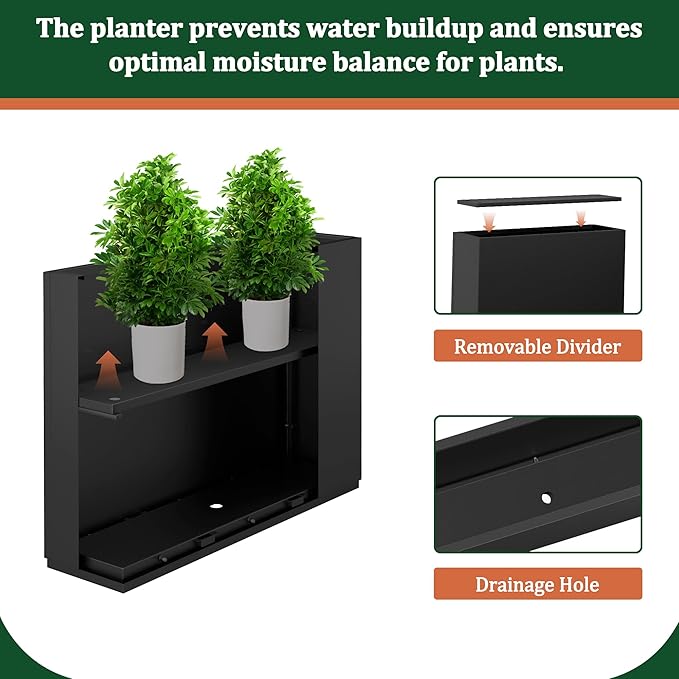 Large Rectangle Planter Metal Black Planter Box with a Drainage Hole and a Removable Divider Indoor Outdoor Porch Pots for Tall Plants, Trees, Flowers 29.92"x 12.01" x 24.02" Black